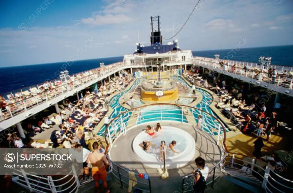 High angle view of a crowd on the deck of a cruise ship