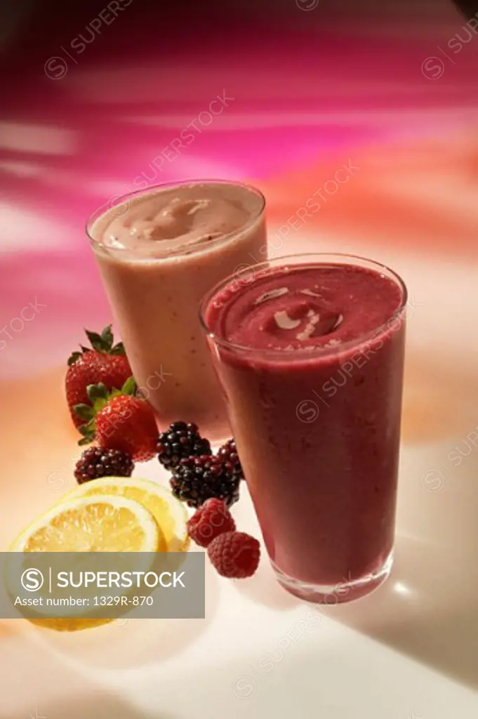 Close-up of two strawberry smoothies