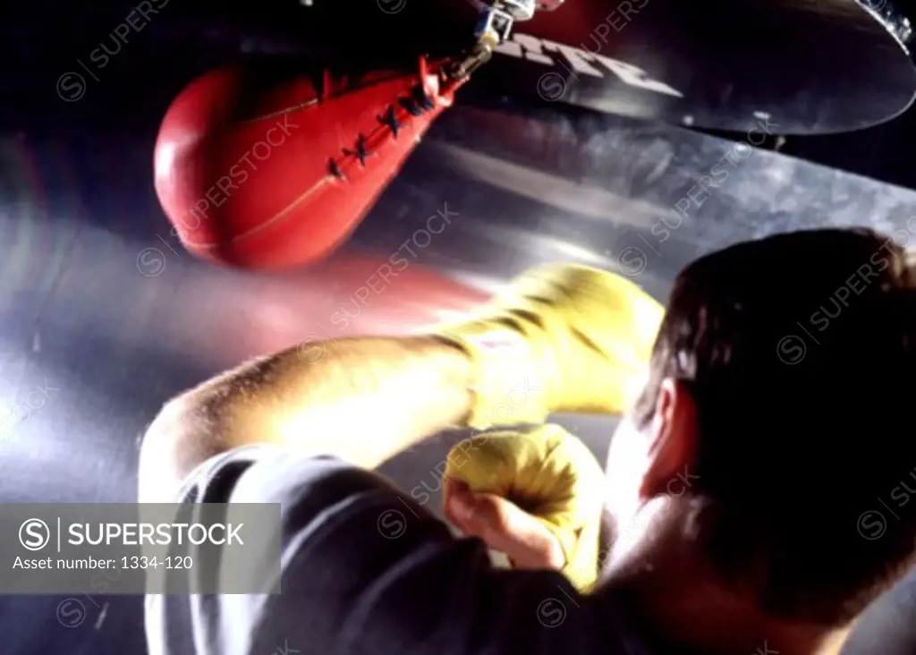 Rear view of a boxer punching a punching bag