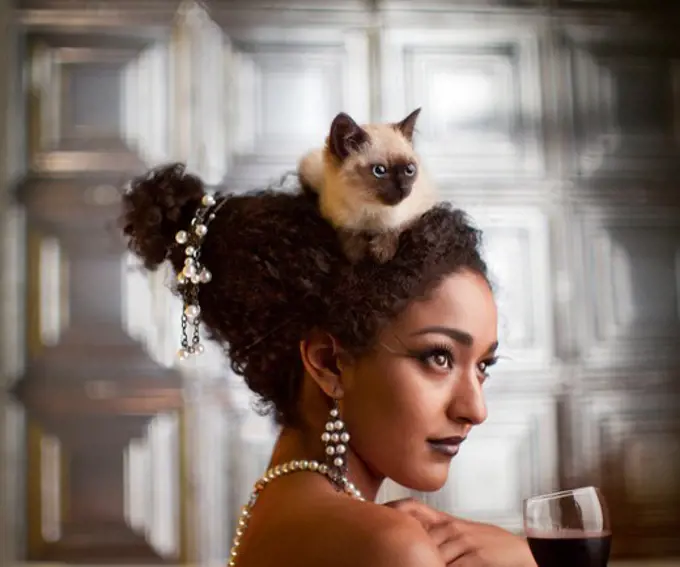 Portrait of elegant woman with Siamese cat sitting on her head