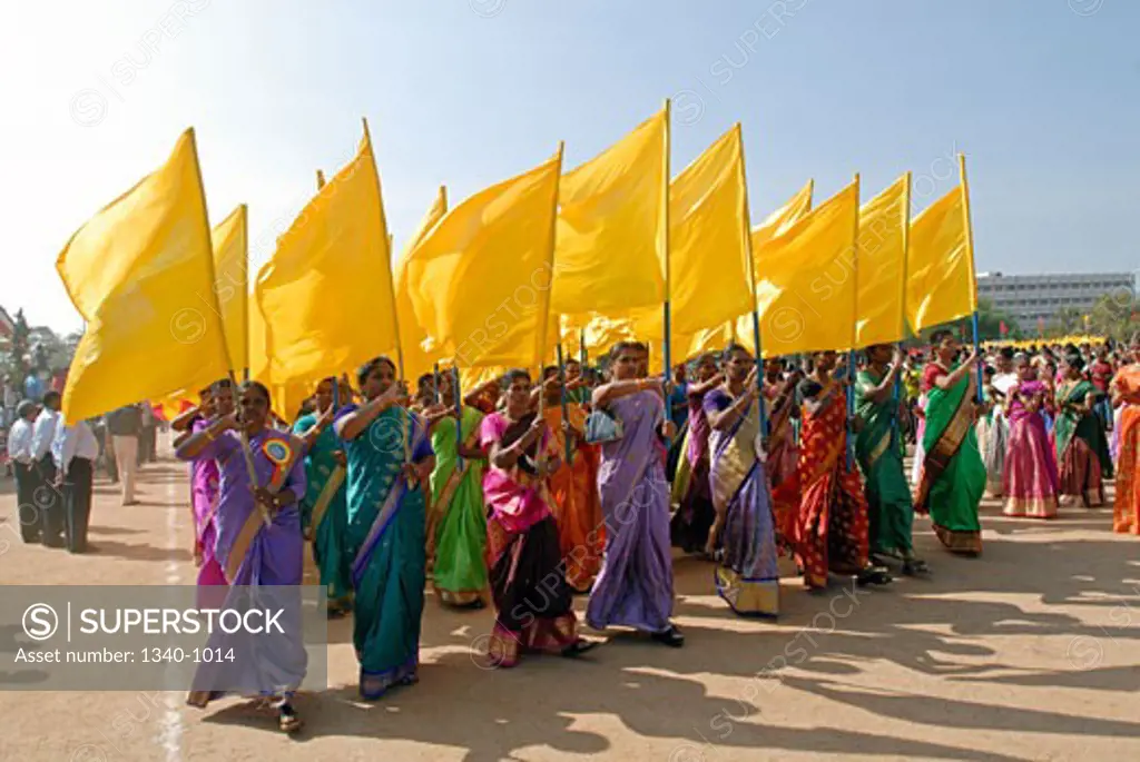 Group of women participating in an independence day parade, Tamil Nadu, India