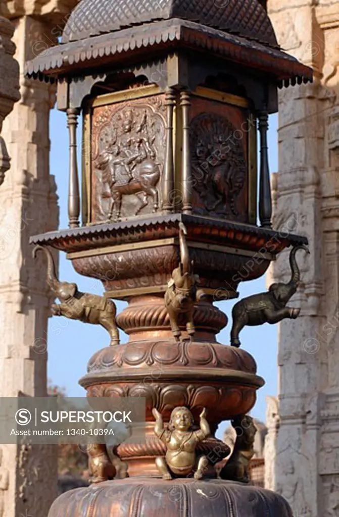 Copper flag pole in a temple, Brihadishwara Temple, Thanjavur, Tamil Nadu, India