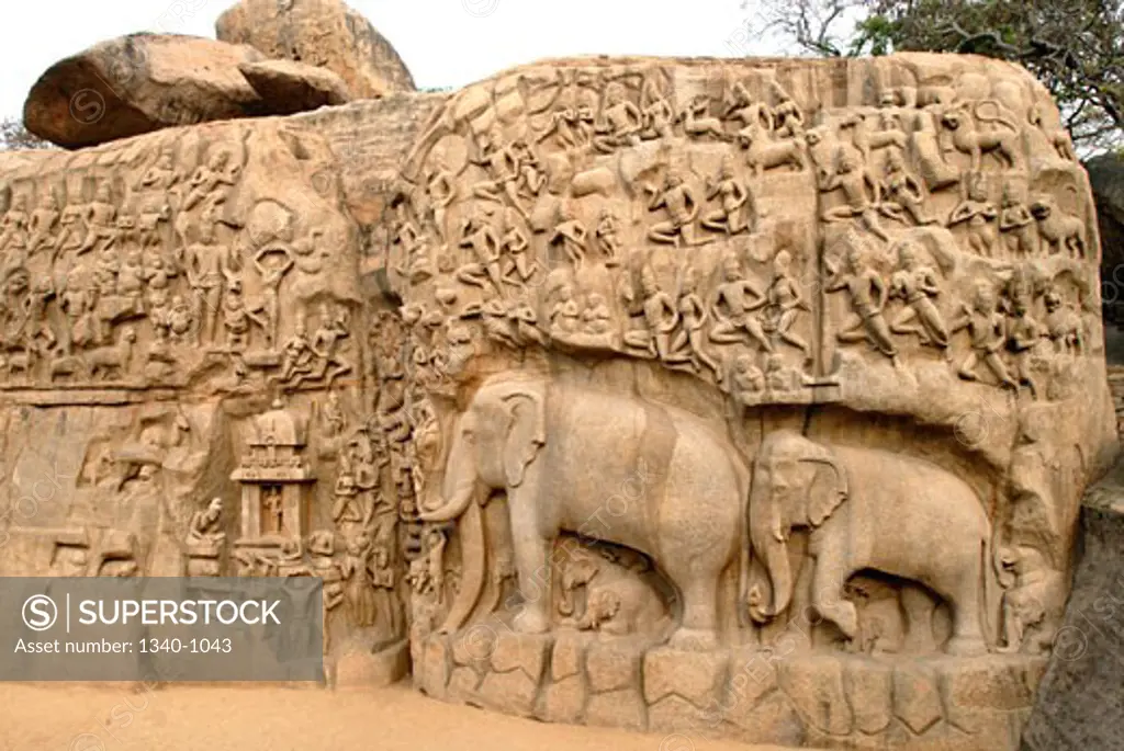 Details of carvings on a rock, Arjuna's Penance, Mahabalipuram, Tamil Nadu, India