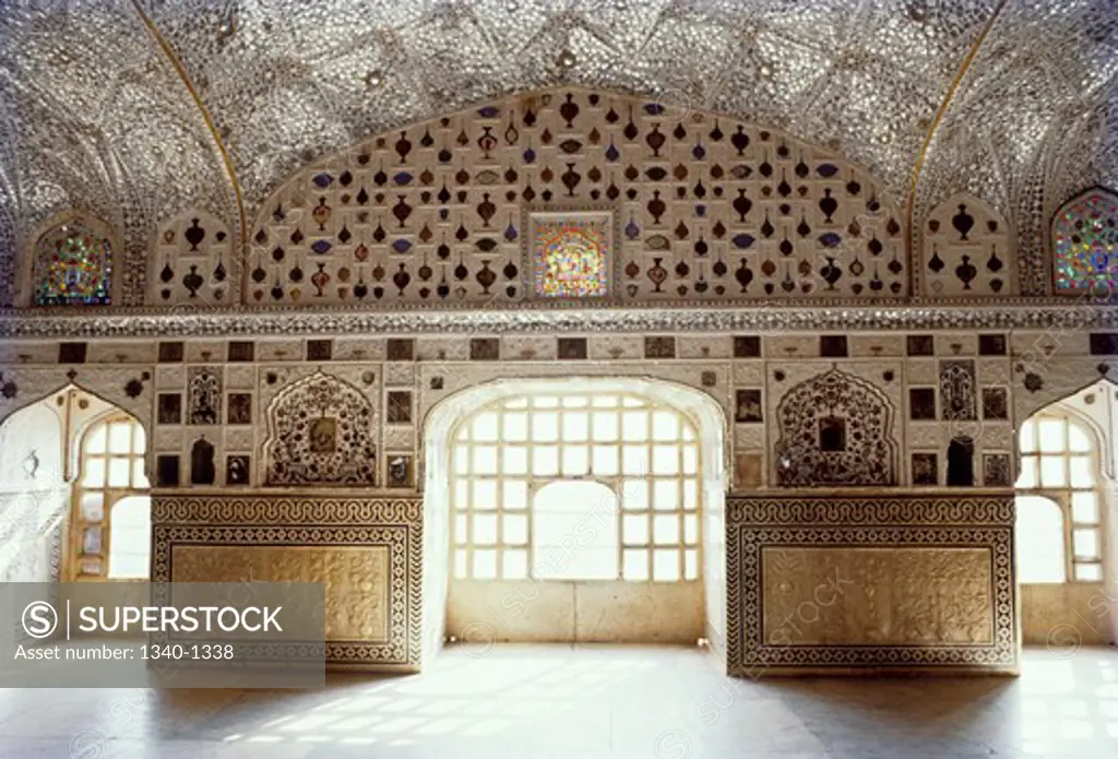 Interiors of palace of glasses, Sheesh Mahal, Amber Fort, Jaipur, Rajasthan, India