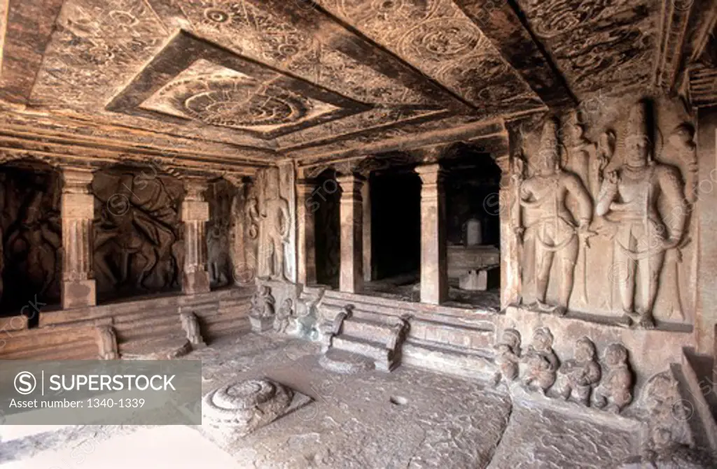 Interiors of a rock cut temple, Ravana Phadi Cave, Aihole, Bagalkot District, Karnataka, India