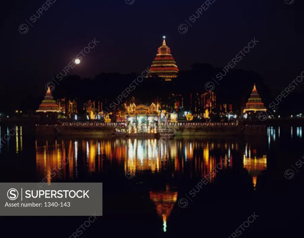 Temple lit up at night, Float Festival, Madurai, Tamil Nadu, India