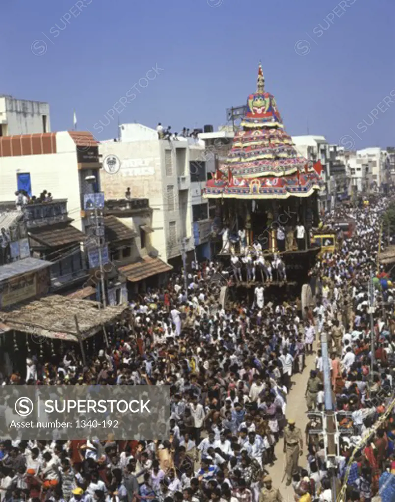 High angle view of a crowd pulling a temple car in a traditional festival, Temple Car Festival, Madurai, Tamil Nadu, India