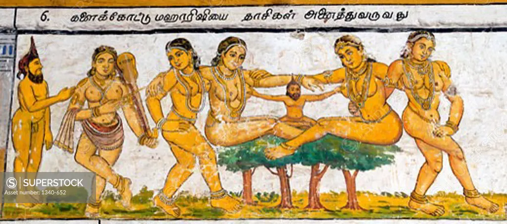 Murals- Epic Ramayana-Wall Paintings in Ramasamy Temple at Kumbakonam, Tamil Nadu, India- According to the epic, Rama was the eldest son of king Dasaratha. Artist Unknown