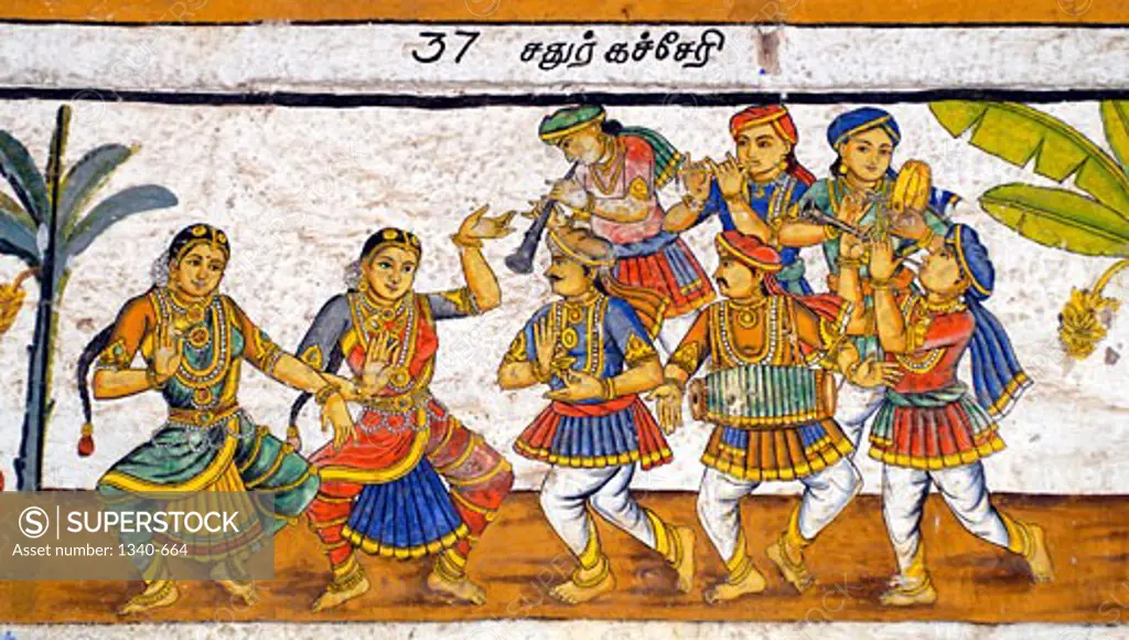 Murals- Epic Ramayana-Wall Paintings in Ramasamy Temple at Kumbakonam, Tamil Nadu, India- Folk Dance Artist Unknown 