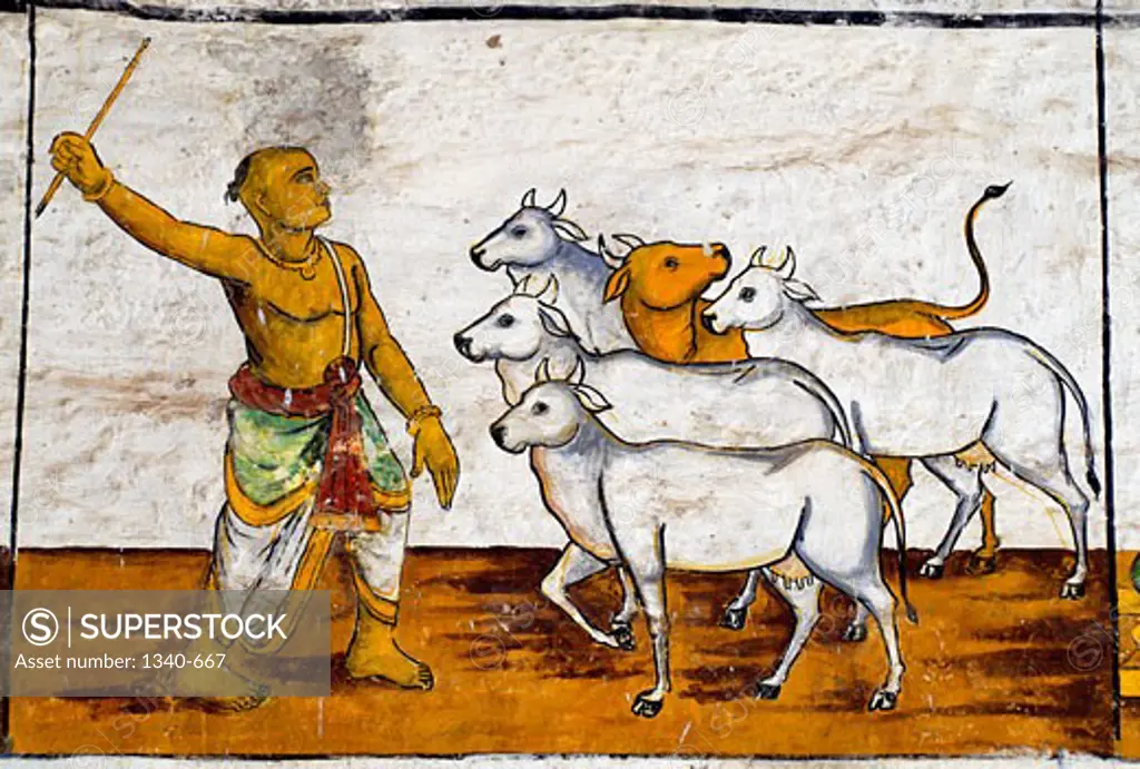 Murals- Epic Ramayana-Wall Paintings in Ramasamy Temple at Kumbakonam, Tamil Nadu, India- Rama donated all his jewels to the poor and needy people before going to Vanavasa. Even when a Brahmin approached Him on the way, Rama ordered Sumantha to gift him as many cows as he needed. Artist Unknown