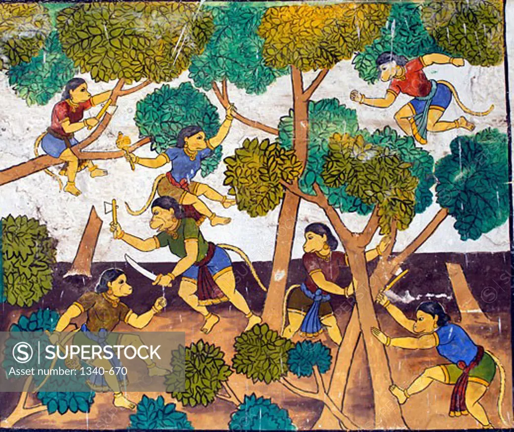Murals- Epic Ramayana-Wall Paintings in Ramasamy Temple at Kumbakonam, Tamil Nadu, India- To check the capability of Ravanas security forces, Hanuman (monkey God) starts to destroy the Ravana's garden along with other fellow monkeys. Artist Unknown