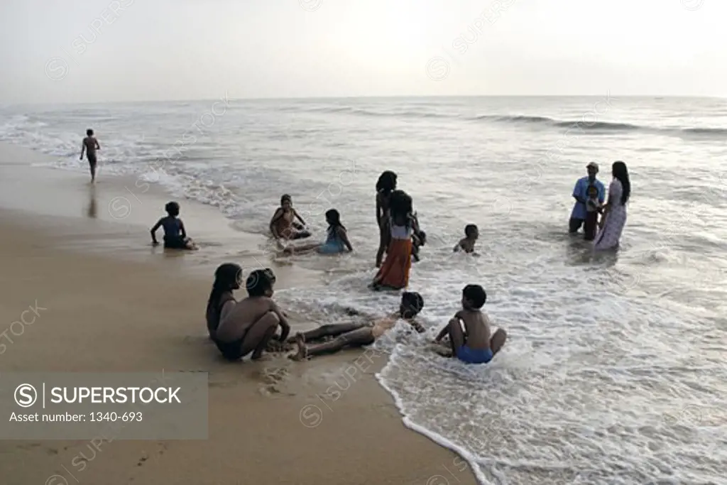 Tourists on the beach, Elliot's Beach, Besant Nagar, Chennai, Tamil Nadu, India