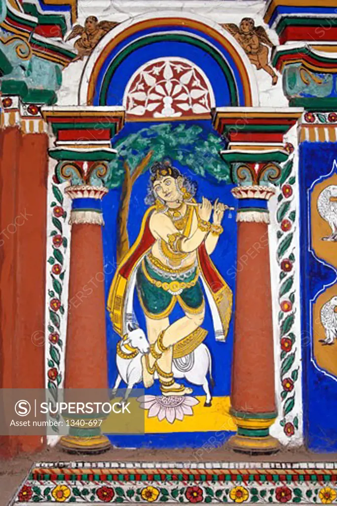 Lord Venugopala (Krishna). 150 year old Mural (vegetable dye) and stucco work on the interior wall of the temple choultry at Pillaiyarpatti, Tamil Nadu, India, Artist Unknown