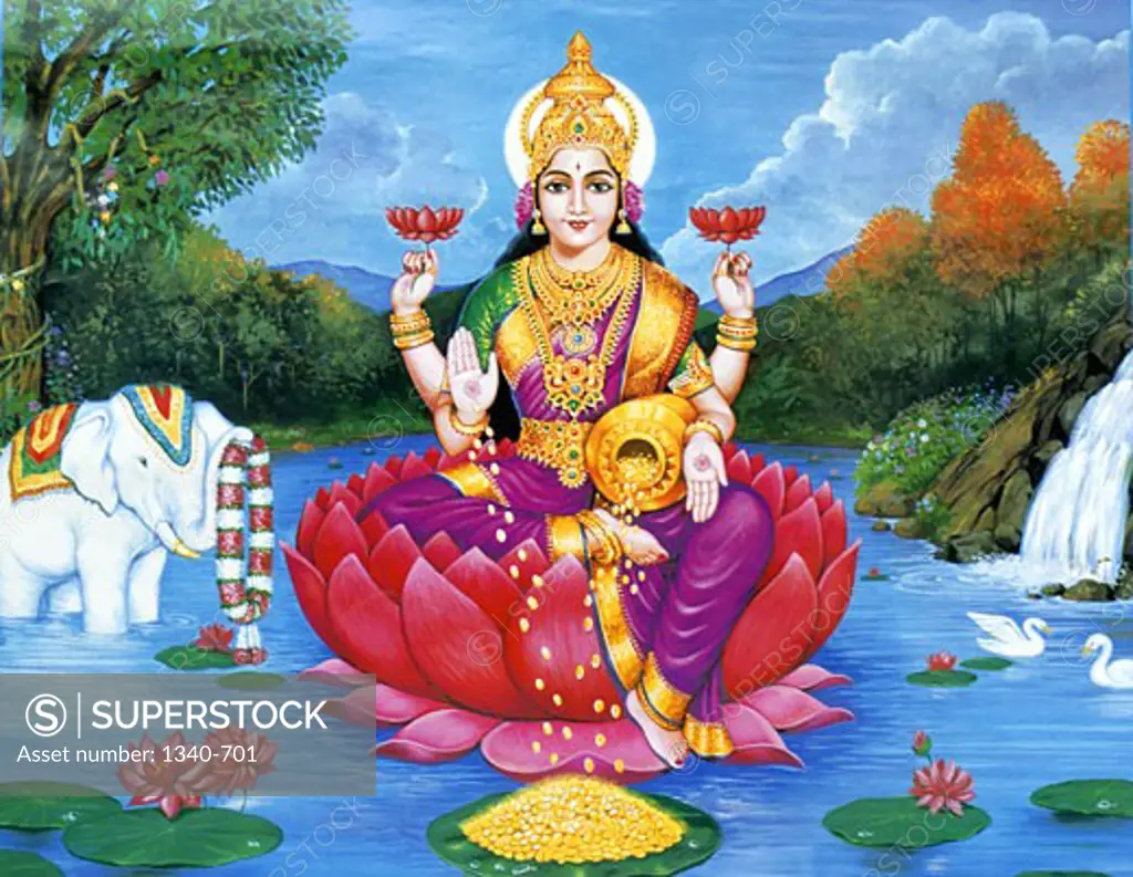 Goddess Lakshmi, is the Hindu goddess of wealth, fortune, love and beauty . 25 Years old calendar picture. Artist unknown
