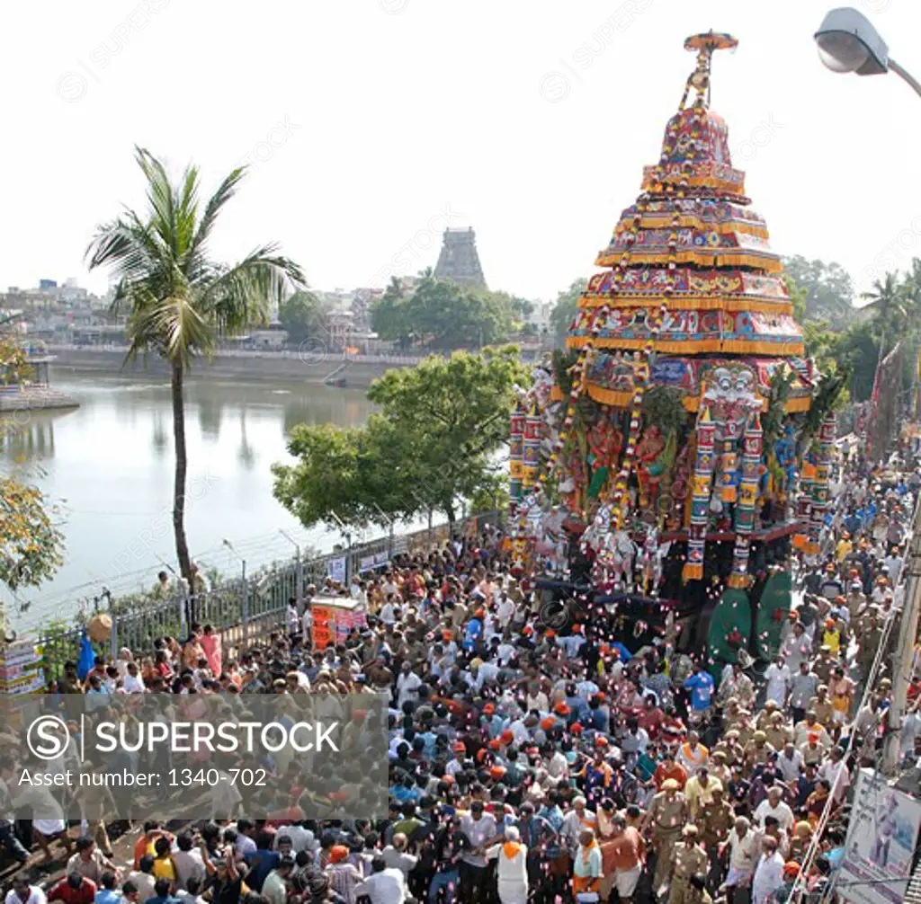 High angle view of devotees in a religious chariot festival, Kapaleeshwarar Temple, Mylapore, Chennai, Tamil Nadu, India