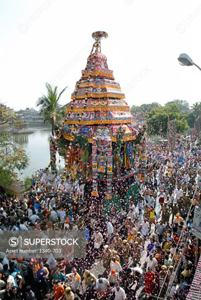 High angle view of devotees in a religious chariot festival, Kapaleeshwarar Temple, Mylapore, Chennai, Tamil Nadu, India