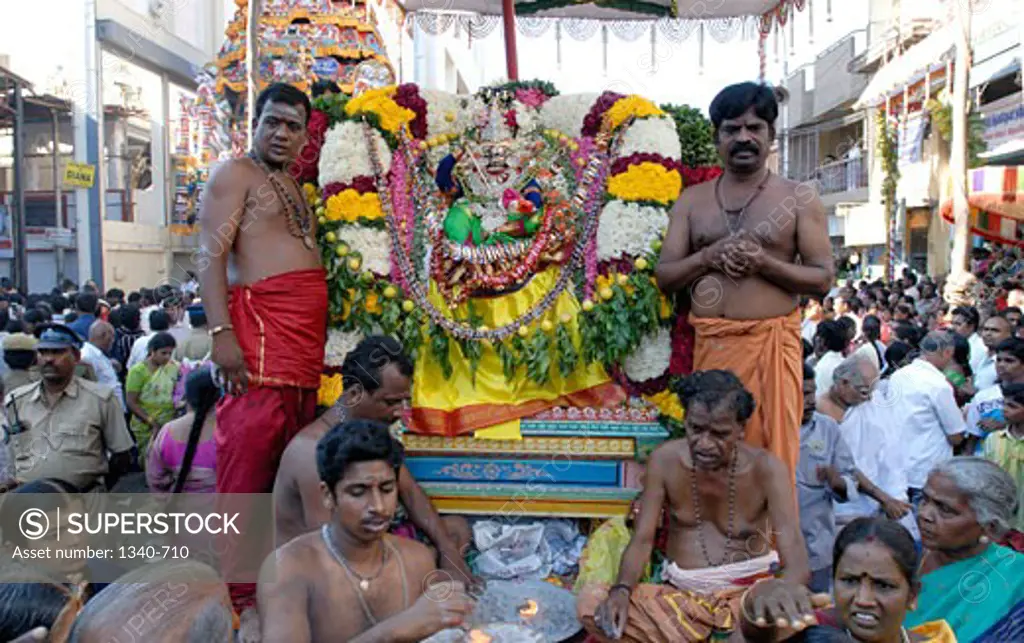 The Goddess on a procession along with priests during a festival in a temple, Kapaleeshwarar Temple, Mylapore, Chennai, Tamil Nadu, India