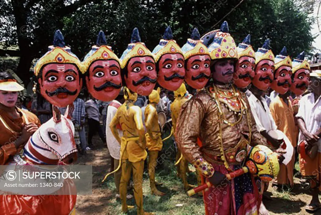 Man dressed as the Ravana a ten headed king of demons in Hindu Mythology in a traditional festival, Thrippunithura, Cochin, Kerala, India