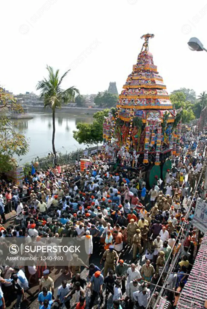 High angle view of devotees pulling a chariot temple, Kapaleeshwarar Temple, Mylapore, Chennai, Tamil Nadu, India