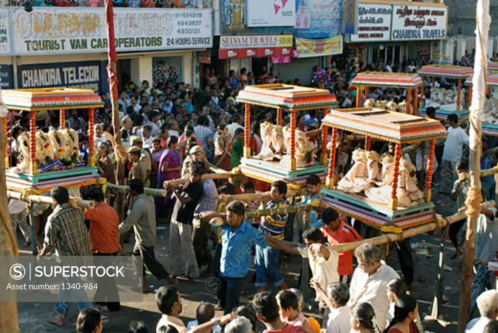 Devotees pulling a chariot temple, Kapaleeshwarar Temple, Mylapore, Chennai, Tamil Nadu, India