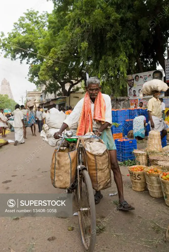 Man carrying vegetables on a bicycle, Madurai, Tamil Nadu, India