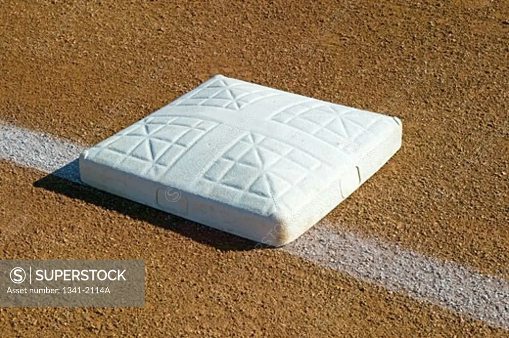 Close-up of a baseball base on a foul line