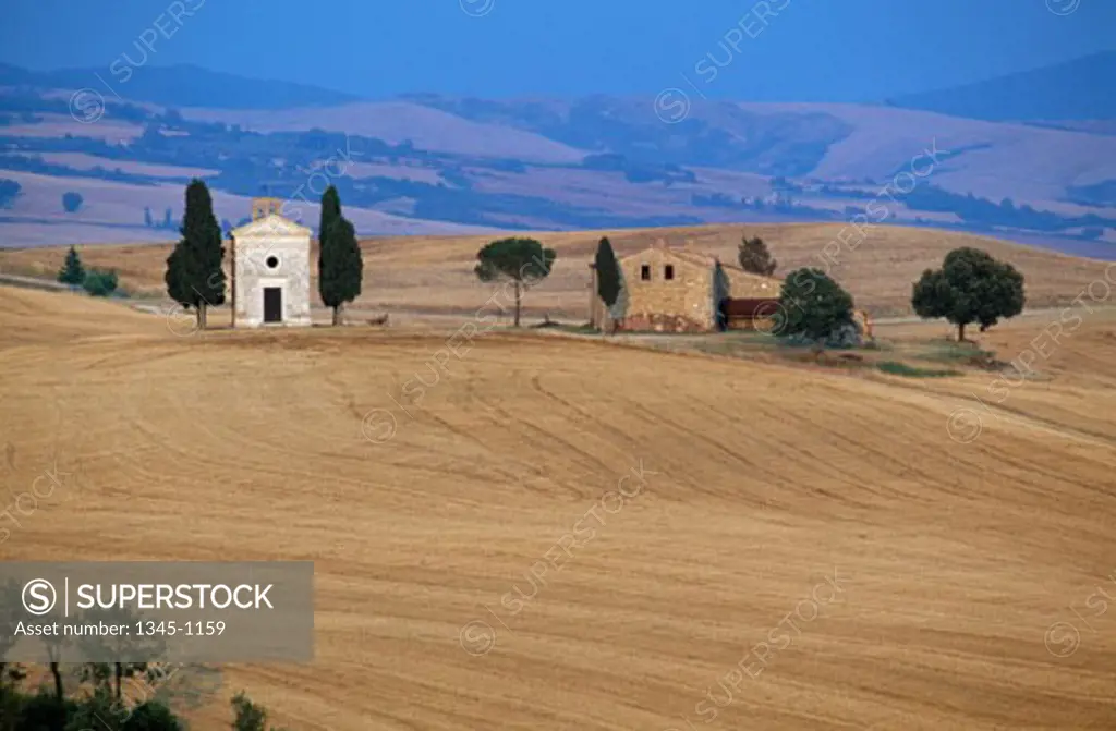 Chapel on a landscape, Vitaleta Chapel, Val d'Orcia, Tuscany, Italy