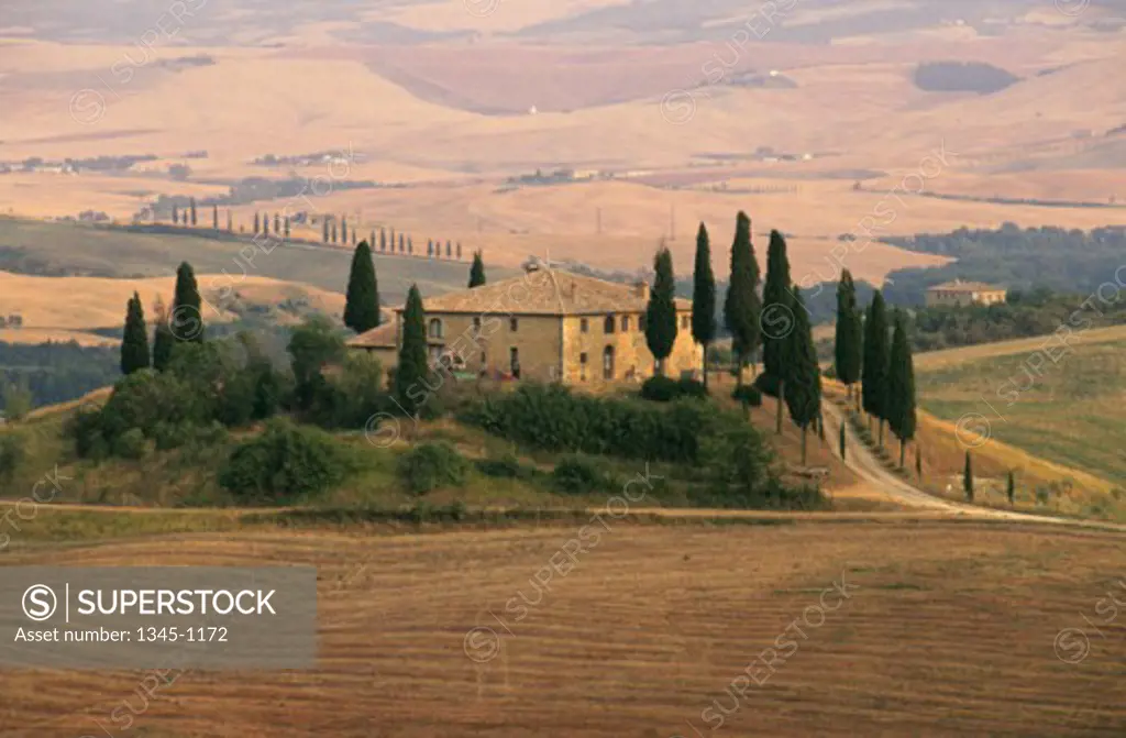 High angle view of a farmhouse in a field, San Quirico D'Orcia, Tuscany, Italy