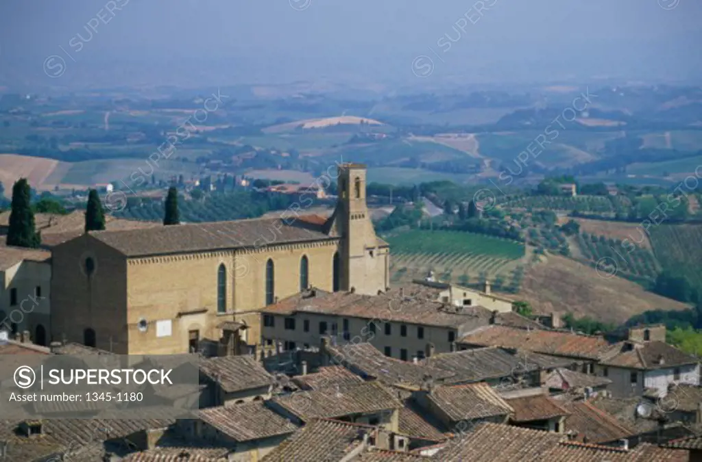 High angle view of houses in a town, San Gimignano, Tuscany, Italy