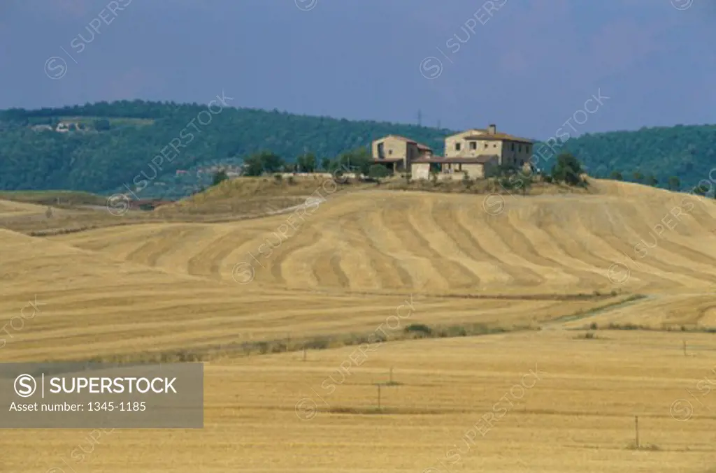 High angle view of a farmhouse in a field, Crete Senesi, Italy