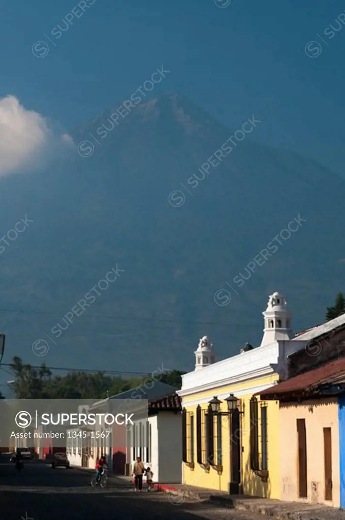 Street scene with a mountain in the background, Volcan de Agua, Antigua, Guatemala