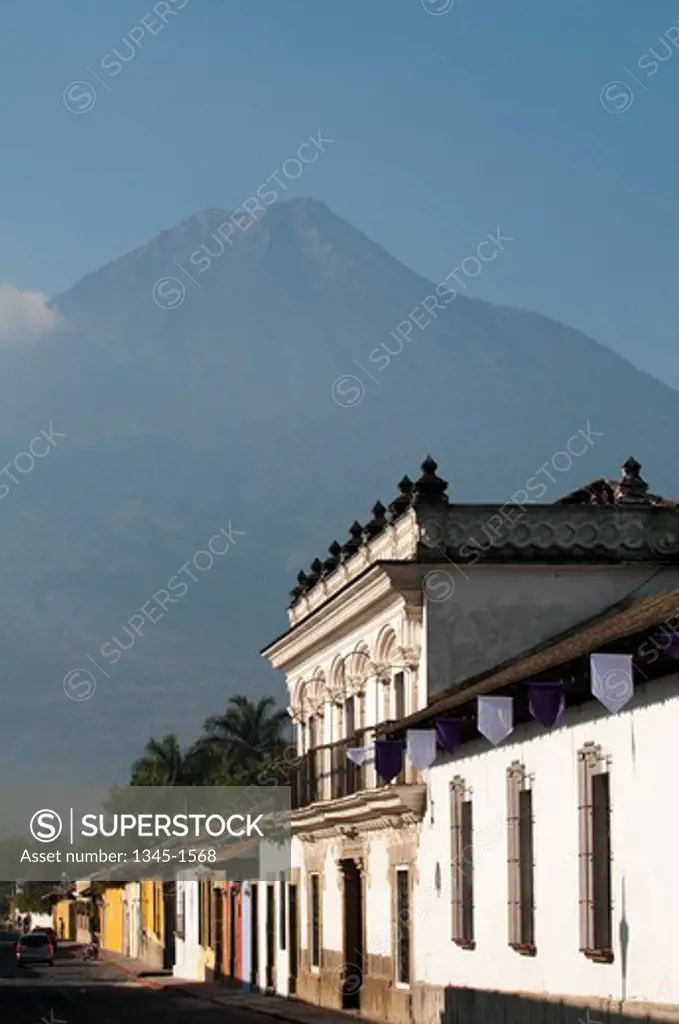 Street scene with a mountain in the background, Volcan de Agua, Antigua, Guatemala