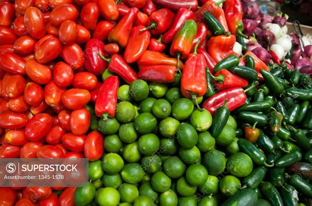 Close-up of vegetables at a market stall, Totonicapan, Guatemala
