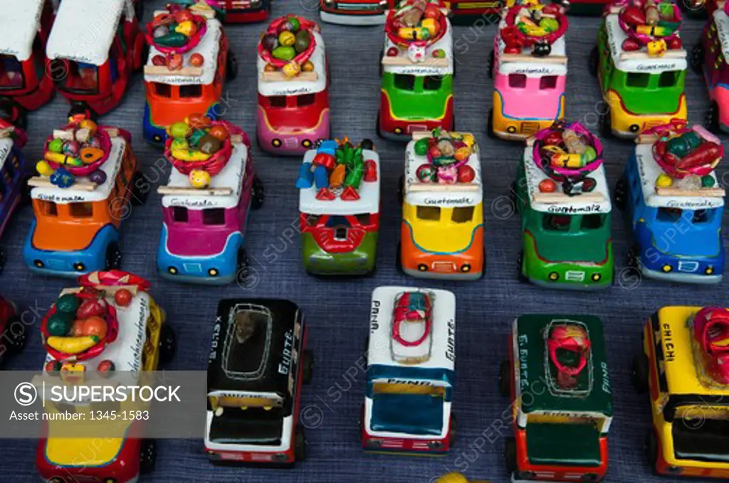 Close-up of toy cars at a market stall, Chichicastenango, Guatemala