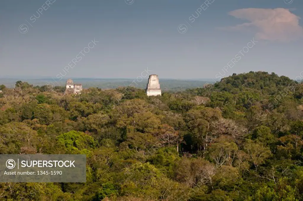 High angle view of three temples, Tikal National Park, Tikal, Guatemala