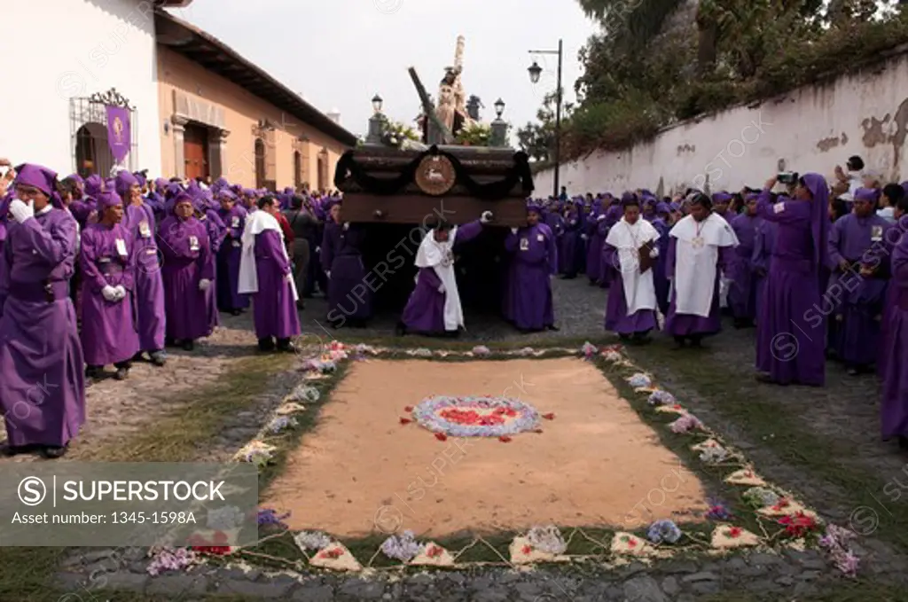 People celebrating Holy Week procession, Antigua, Guatemala