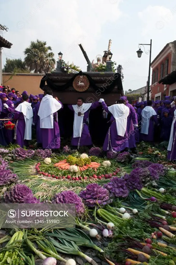People celebrating Holy Week procession, Antigua, Guatemala
