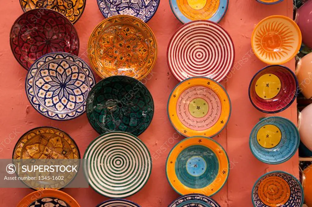 Ceramic bowls at a market stall, Medina, Marrakesh, Morocco