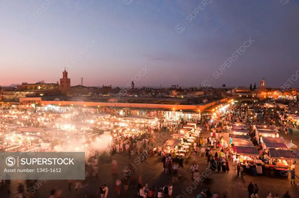 High angle view of a market square, Djemma El Fna Square, Marrakesh, Morocco