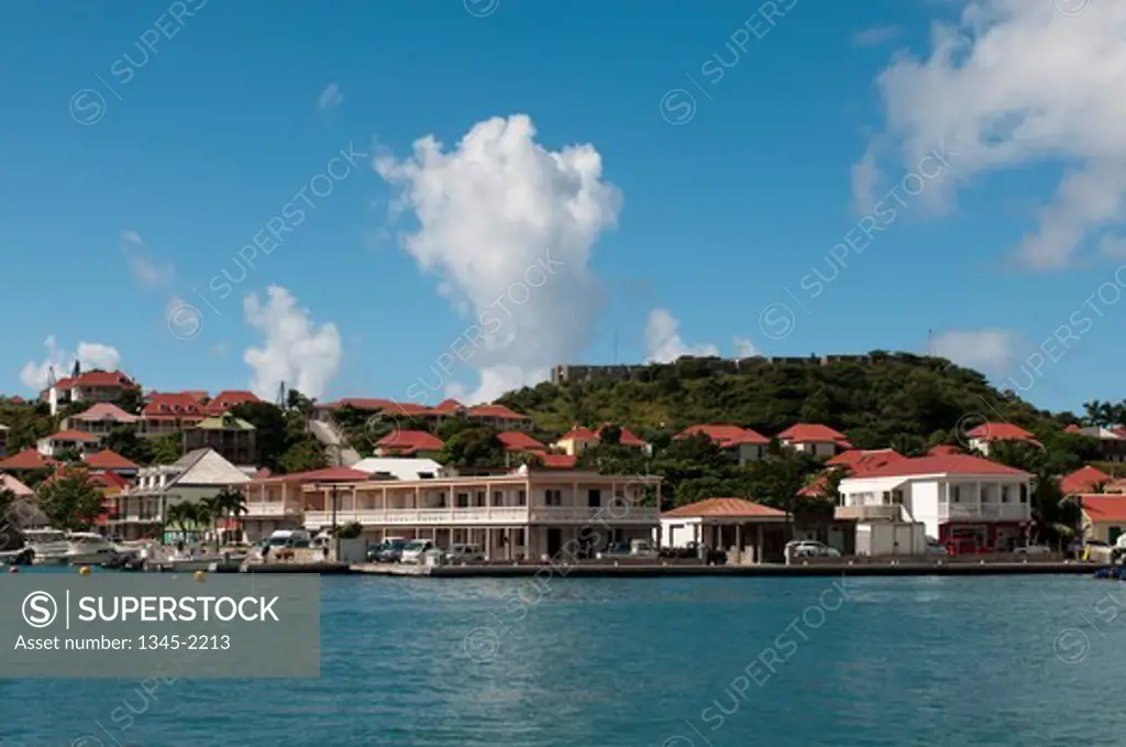 Caribbean, Saint Barthelemy, Gustavia, View of town from sea