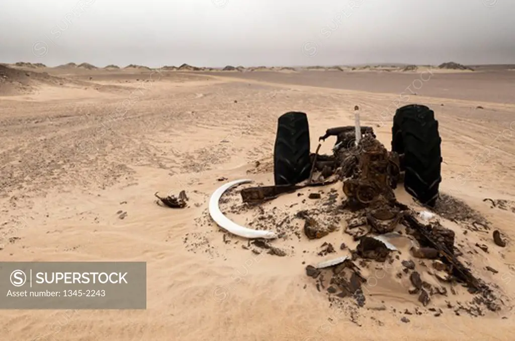 Namibia, Skeleton Coast, Skeleton Coast National Park, Earthmover wreck used in former diamond mine