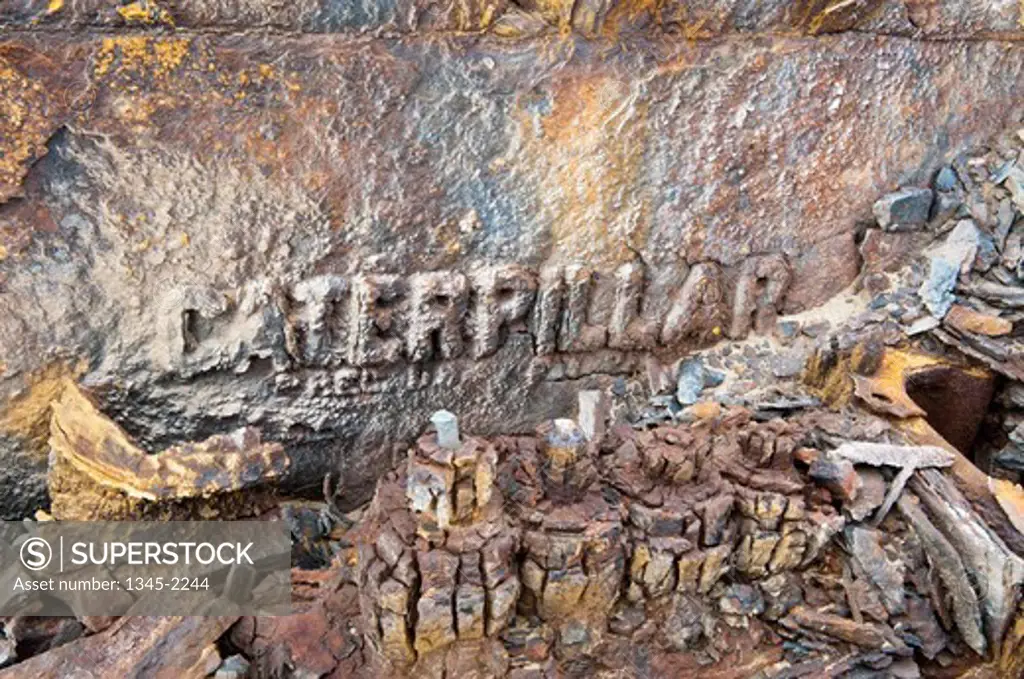 Namibia, Skeleton Coast, Skeleton Coast National Park, Close-up of earthmover wreck used in former diamond mine