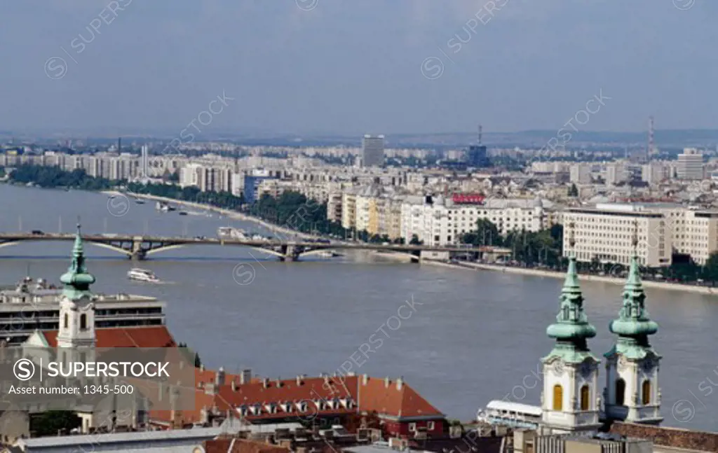 High angle view of buildings along a river, Budapest, Hungary