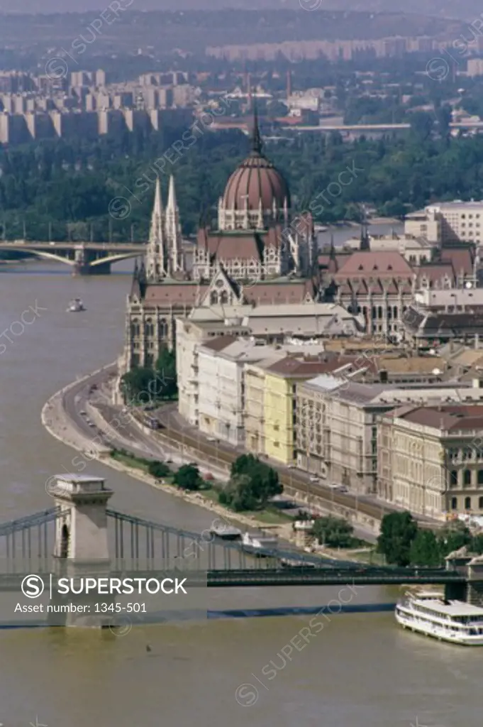 High angle view of buildings along a river, Budapest, Hungary