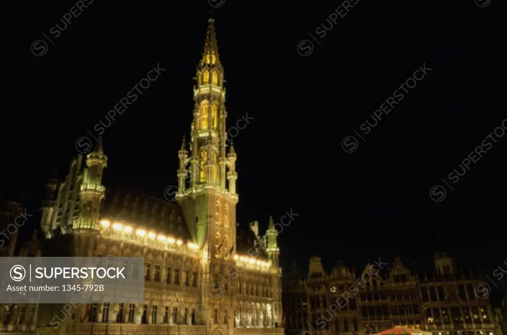 Low angle view of a building lit up at night, Town Hall, Grand Place, Brussels, Belgium