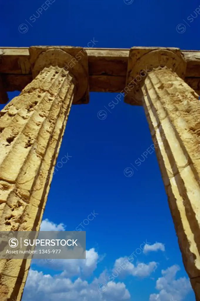 Low angle view of ancient stone carved pillars, Selinunte, Italy