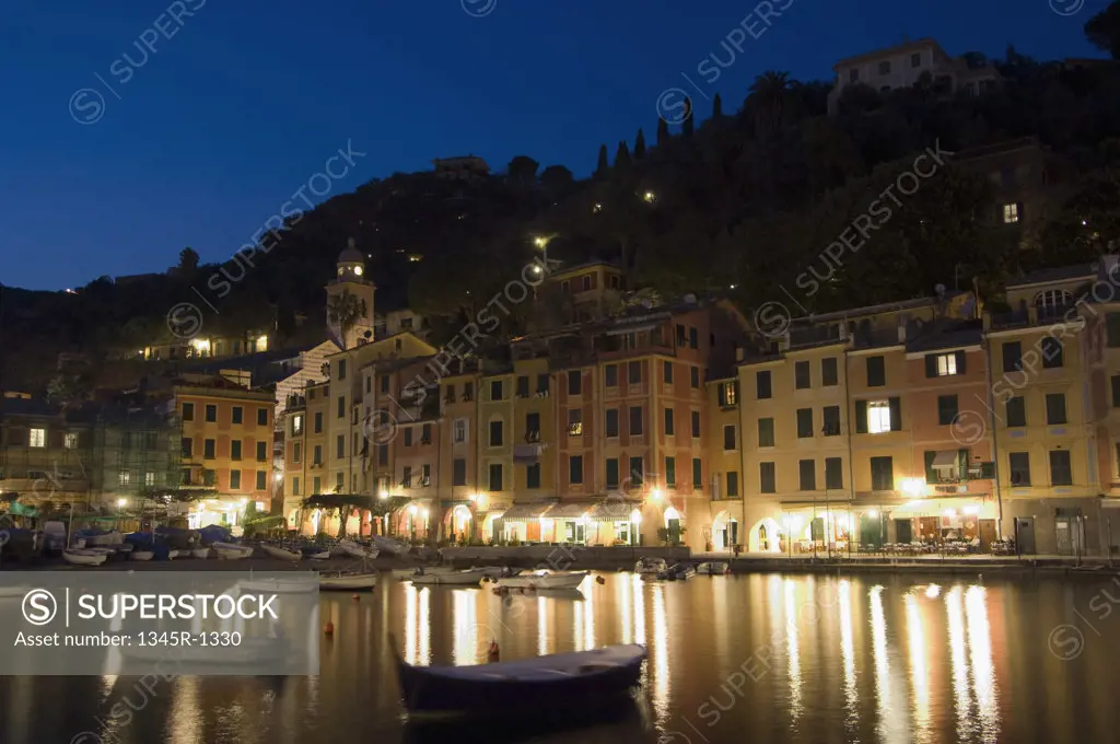 Buildings at the waterfront, Church of San Giorgio Maggiore, Portofino, Liguria, Italy