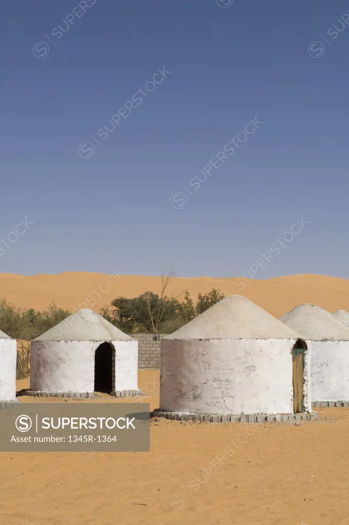 Huts in a desert, Lake Gabroun, Erg Awbari, Fezzan, Libya