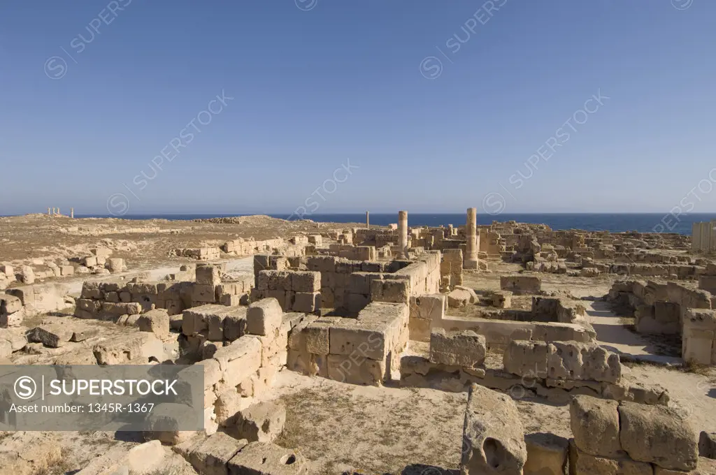 High angle view of the ruins of buildings in an ancient Roman city, Sabratha, Tripolitania, Libya