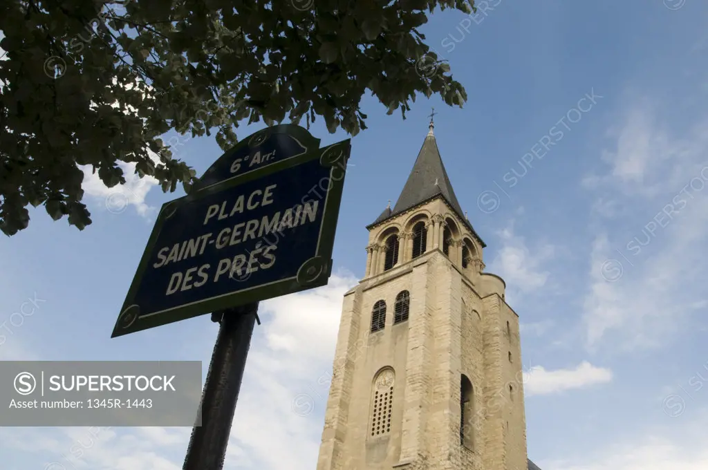 Information board in front of a church, St. Germain Des Pres, Paris, Ile-de-France, France